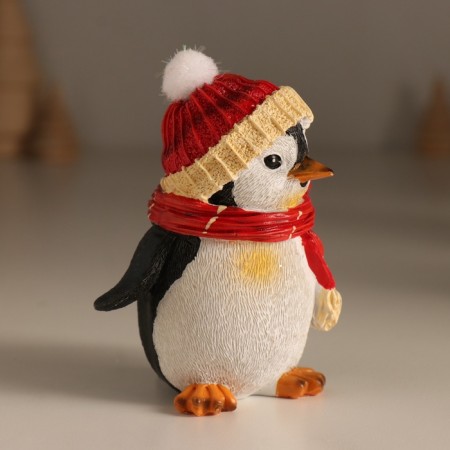 Polystone souvenir "Gloomy penguin in a hat with a bomb, in a red scarf" 7.5x6x9.5 cm-1