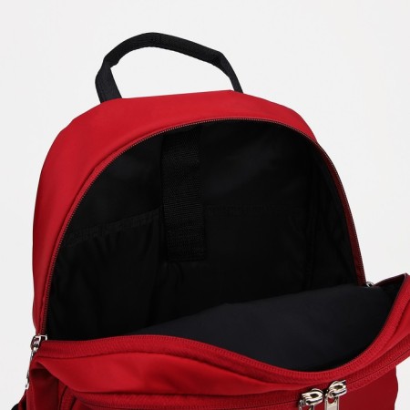 A backpack with a zipper, rise, 2 outer pockets, a laptop department, red color-5