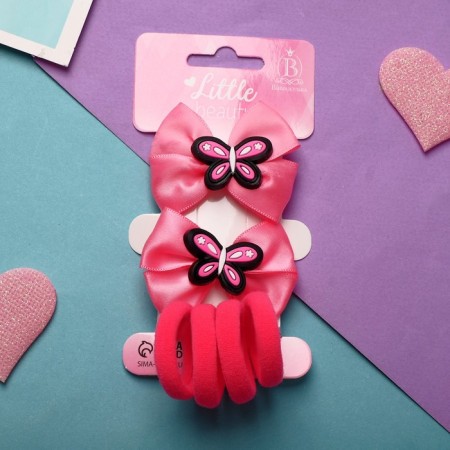 Sofia hair set (4 elastic bands, 2 clamps) Bow's bow, pink