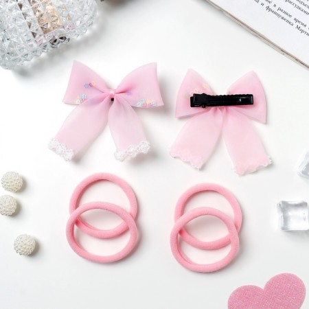 Hair Set "Coquette" (4 elastic bands 4 cm, 2 clamps 6.5 cm) lace, pink-2