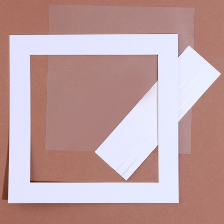 Paspartt frame size 20 × 20, transparent sheet, adhesive tape, white color