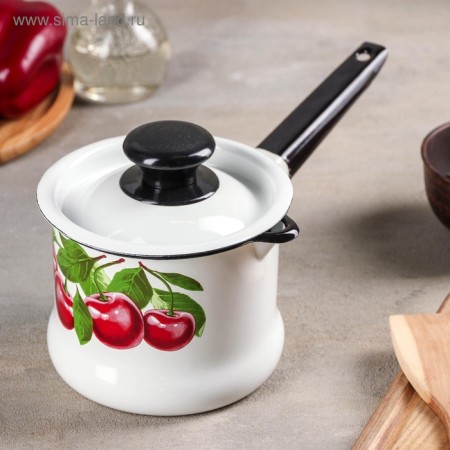 Bucket "Cherry Orchard", 1 l, enameled cover, metal handle, induction, white color-3