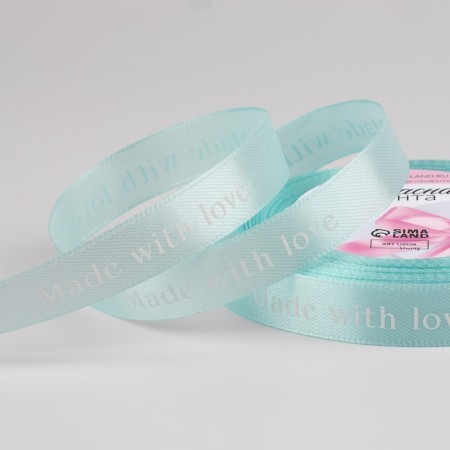 Satin tape "Made with love", 15 mm × 23 ± 1 m, blue color No. 104