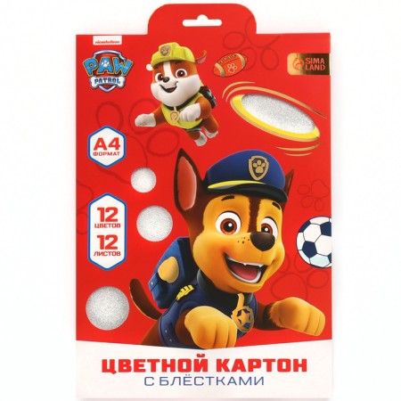 Cardboard color with sparkles, A4, 12 sheets, 12 colors, non -moped, bilateral, in the folder, 250 g/m², puppy patrol-6