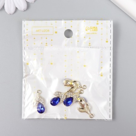 Decor for creativity metal, rhinestones "Two leaves with crystal" gold, blue 1.1x2.1 cm-3