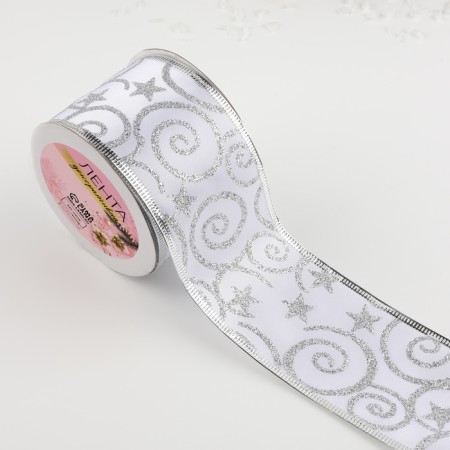 A satin ribbon with a metal thread “Patterns with a star”, 60 mm, 9 ± 0.5 m, white/silver color-1