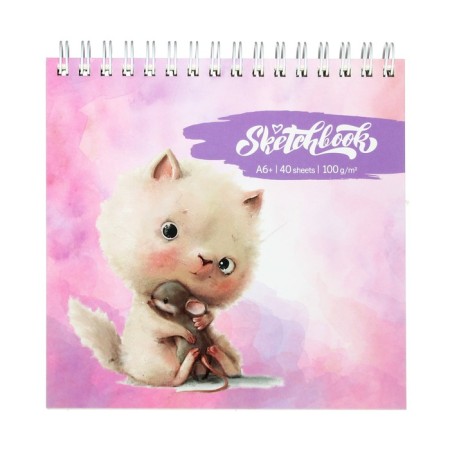 A6+ 40 sketchbook "kitten and mouse", cardboard cover, hard substrate, matte lamination, selective varnish, block 100 g/m2