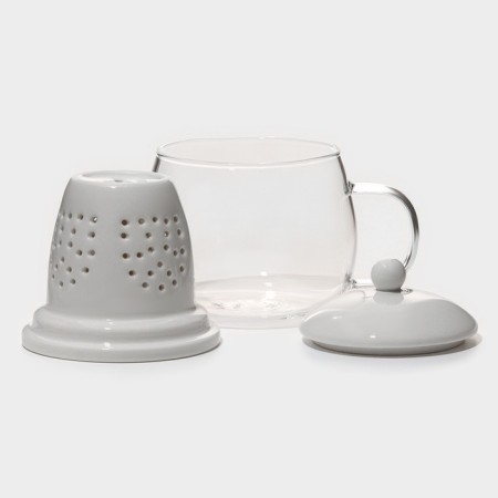 Glass mug for brewing with ceramic sieve "Tenderness", 300 ml, white color-2