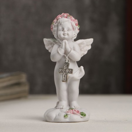 Polystone souvenir "Snowthrough angel in a pink wreath with a cross" 8x3.5x3.8 cm