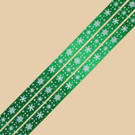 A satin ribbon "Round dance of snowflakes", green, 2 cm x 22.5 m-1