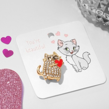 Brooch "Cat in love", red-white color in gold-1