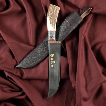 Knife Pchak Sharkhon - large, roe deer, wide handle, Garda tin engraving. ShH-15 (17-19 cm)