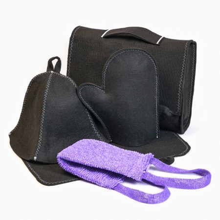 Set for baths and saunas 5 in 1 (bag, hat, mittens, rug, washcloth), black-8