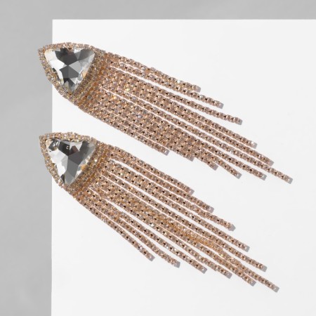 Hanging earrings with grace rhinestones large triangle, white color in gold, 11 cm-3