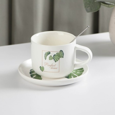 Ceramic tea set with a spoon "Botany", 2 items: a cup 200 ml, saucer, color mix-7