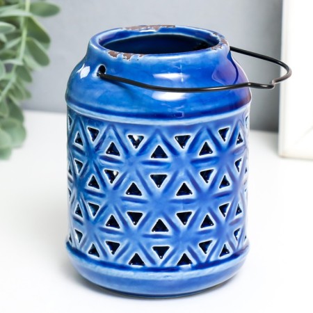 Ceramics candlestick for 1 candle "Lantern. Rombs" Blue 9x9x12 cm-1