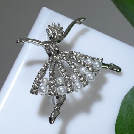 Brooch "Ballerina" with beads, white color in silver