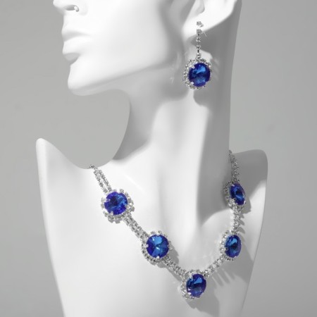 Set 2 objects: earrings, necklace "elites" circles in patterns, blue-white color in silver, 40 cm