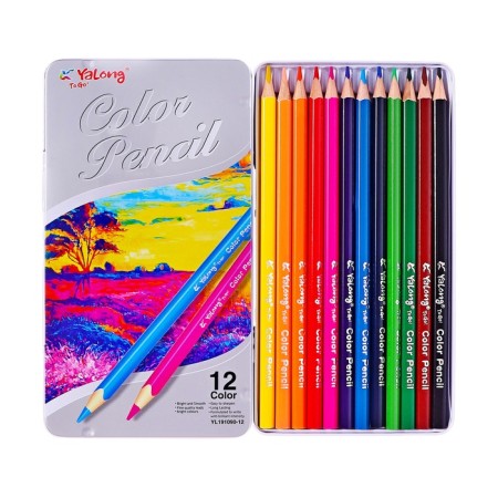 Pencils 12 colors, in metal pencil case, triangular, wooden, landscape, mix