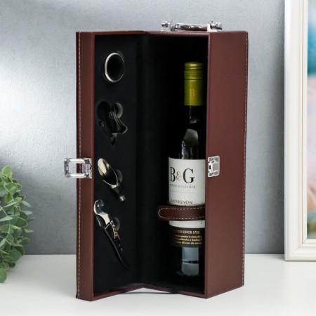 Casket wood, leatherette to the bottle "Brown with a white line" 4 objects 36x11x12 cm-1