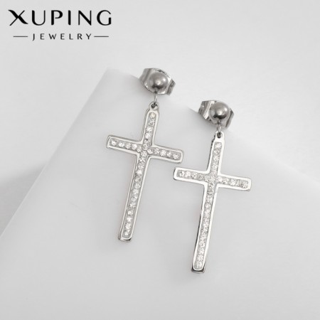 Earrings with rhinestones Xuping cross grace, white color in silver