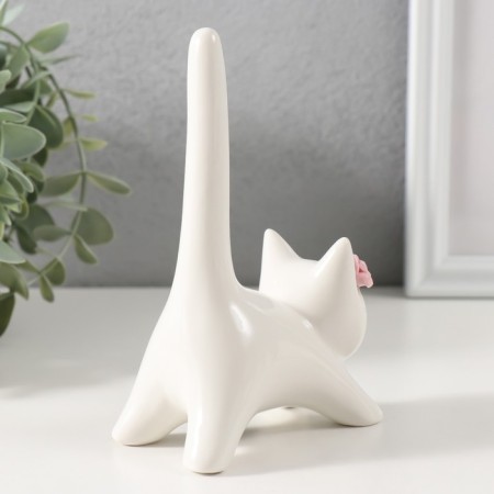 Souvenir Ceramics "Cat White with a long tail and pink flower" 9.4x5.3x14 cm-2