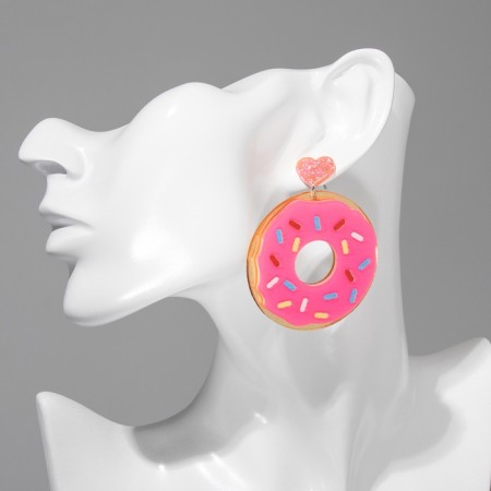 Acryl Earrings "Yummy" Donuts with hearts, pink color in silver-2