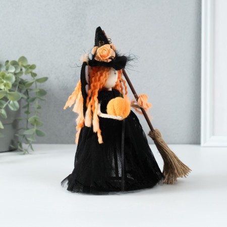 Interior doll "Witch in a black dress with a broom" 7x11.5x22 cm-2