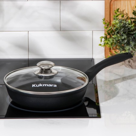 The “Tradition” pan, d = 22 cm, a plastic handle, a glass cover, a thickened bottom, anti -stick coating, black color-5