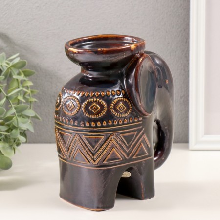 Ceramics candlestick on 1 candle "Elephant. Ethnic patterns" Brown 10x14.5x18 cm-3