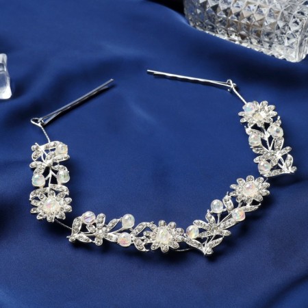 Hair accessory "Berta" (with invisible) flowers, leaves, 23.5 cm, silver-white