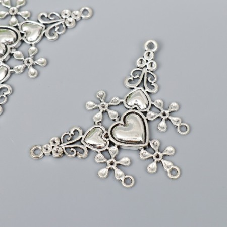 Connector for creativity Metal 5 ears "Three hearts with patterns" silver G923B277 4.5x6.5 cm