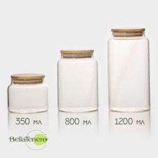 A set of glass cans for bulk products with a bamboo cover Bellatenero “Eco”, 3 subjects: 350/800/1200 ml