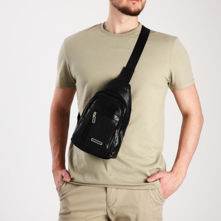 Male sling bag, artificial leather, headphone opening, black color-8