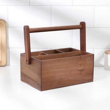 Organizer for tea and kitchen supplies with a pen, 27 × 19 × 11.5 cm, tropical acacia