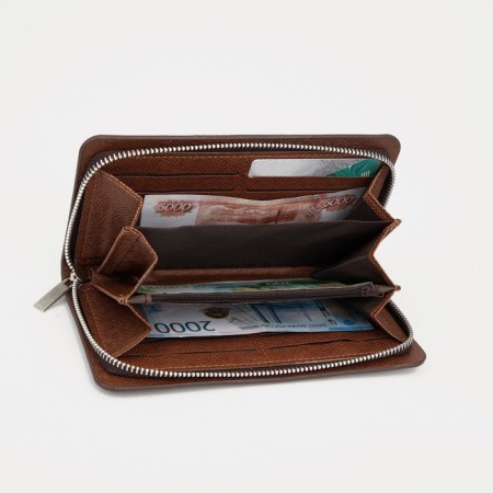 Male purse with lightning, department for bills, for cards, for coins, brown color-3