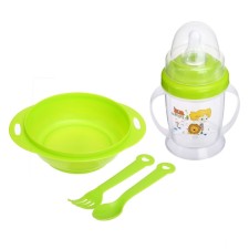 A set of children's dishes, 4 items: a bowl of 200 ml, a bottle for feeding 180 ml, spoon, fork, mix color