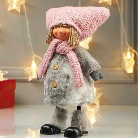 Interior doll "Girl in a pink hat with ears and white fur coat" 27x10x17 cm-4