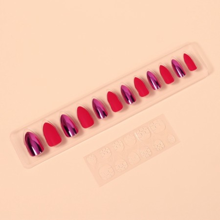 Patch nails, 12 pcs, with adhesive plates, almond shape, matte/chrome, red, pink