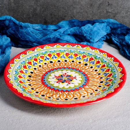 Plate of the Rishtan ceramics "Kalam", 27 cm, multi -colored