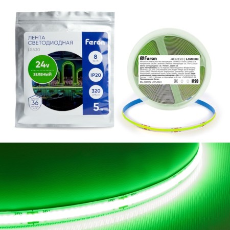 Feron 5 m, IP20, COB LED strip, 320 LED/m, 8 W/m, 24 V, Green glow