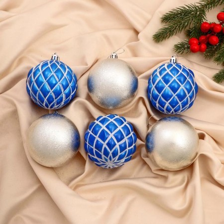 Set of balls plastic D-8 cm, 6 pcs "Dorofei mesh" blue-silver
