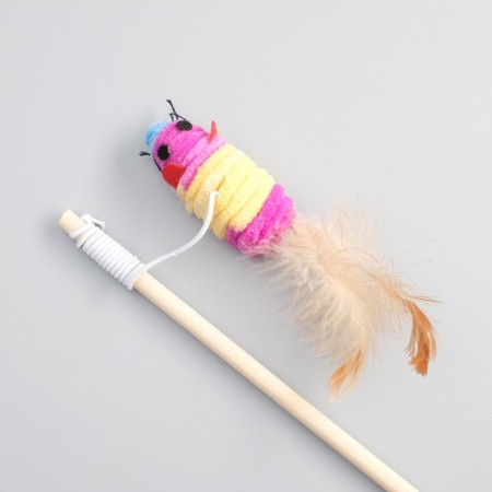 Teaser with a terry mouse (7 cm) on a wooden stick, 40 cm, mix of flowers-1