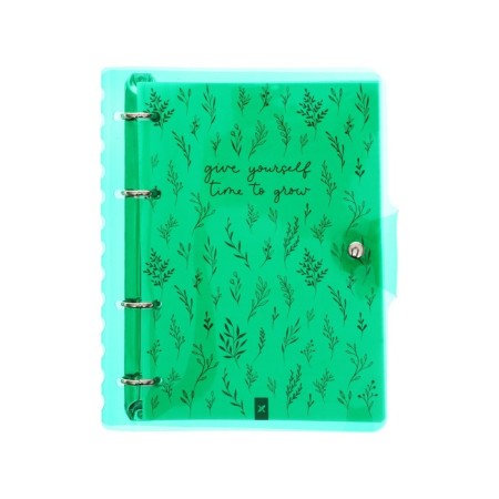 A notebook on rings A5 120 sheets in the Lorex "Neon. Green" cage, with a change of block, a plastic cover, with stickers