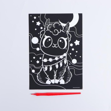 Engraving "Lama and stars" A5, with a metallic effect, holography-3
