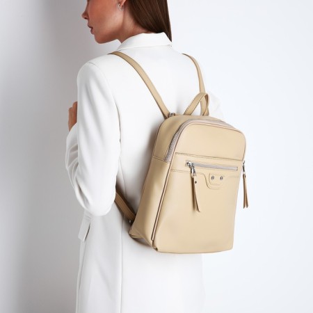 Women's backpack made of artificial leather with lightning, 3 pockets, beige color-8