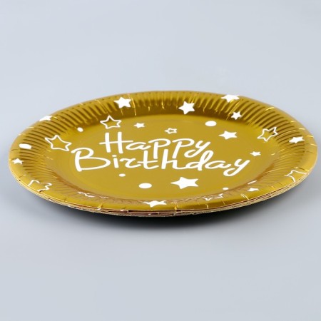 Paper plate “Happy Birthday”, stars, set 6 pcs in a set, 23 cm, gold color-1
