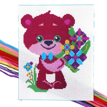 Cross -stitching “Bear with a bouquet of flowers”, a set for creativity, 25 x 20 cm-2