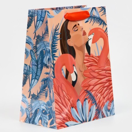 Gift Package Laminated, packaging, “Girl with flamingos”, rainbow holography, MS 18 x 23 x 10 cm-1