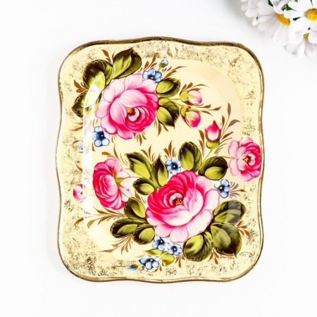Zhostovsky tray "pink flowers", white, with copyright painting, 30x23 cm